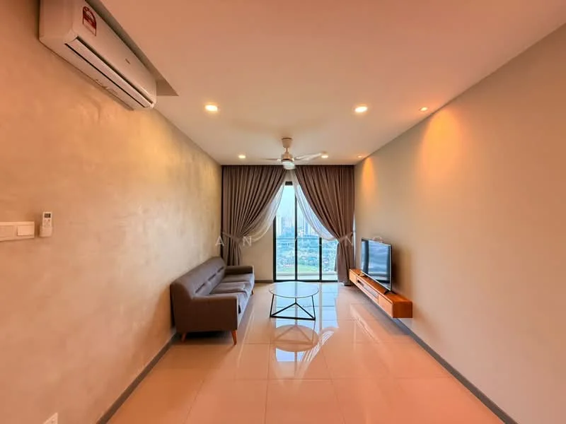 Living features: grey fabric 3-seater sofa, wall-mounted TV, wooden TV console, floor-to-ceiling windows, sheer curtains, recessed LED downlights, 5-blade ceiling fan with light, cream painted walls, glossy tile flooring, air conditioning unit; style: modern; view: city.