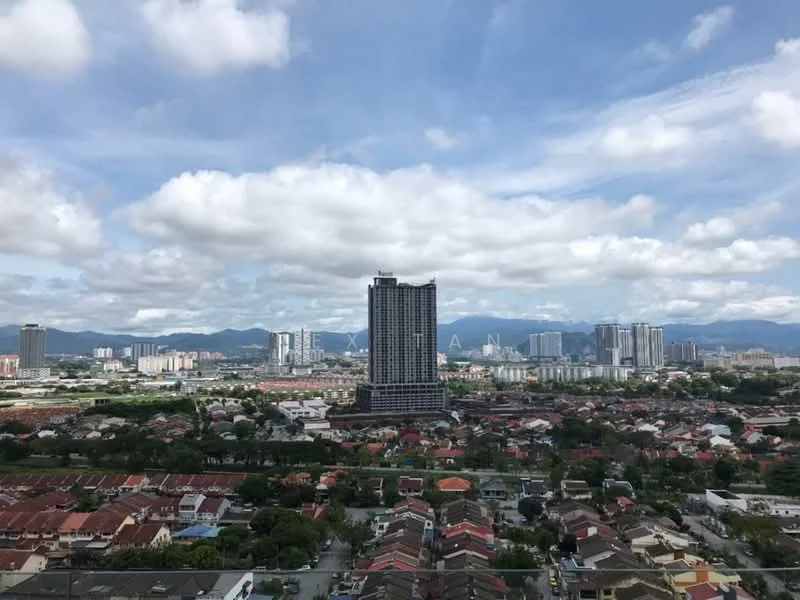 Exterior type: high-rise condominium; features: city skyline view, surrounded by residential areas, mountain view in background, multi-storey buildings, greenery in foreground, cloudy sky; style: modern.