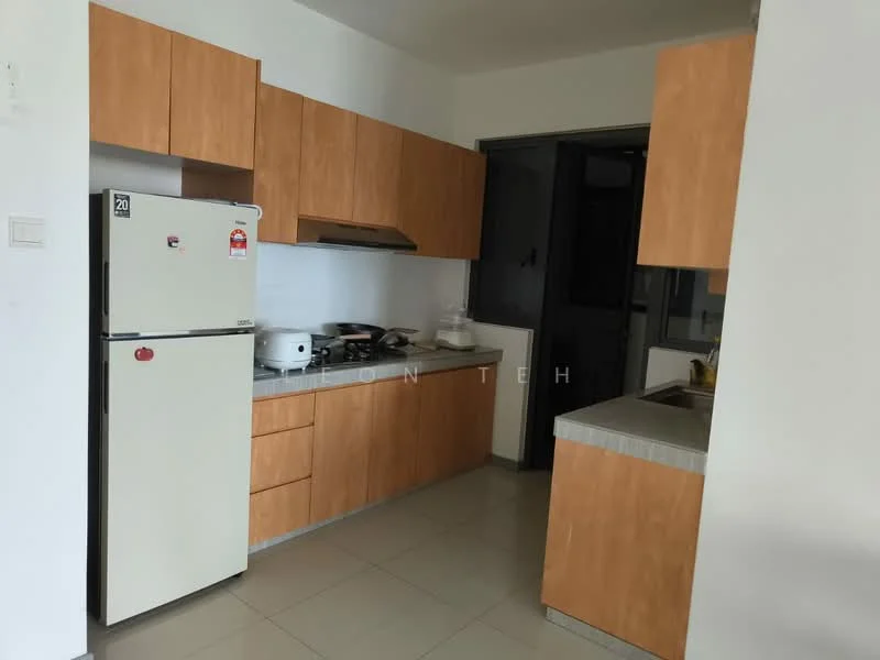 Kitchen features: light wood cabinetry, grey countertop, stainless-steel sink, chrome pull-down faucet, built-in oven, freestanding fridge, ceramic tile flooring, exhaust hood, wall-mounted cabinets, open shelving, window, neutral wall color; style: modern.