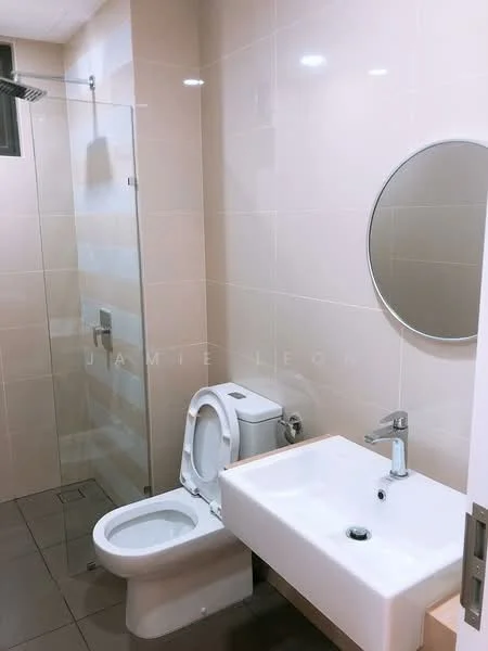 Bathroom features: white tiled walls, grey ceramic tile flooring, walk-in shower with glass enclosure, chrome basin mixer faucet, round mirror, single-sink vanity with wood cabinet, one-piece toilet, shower with wall-mounted controls; style: modern.