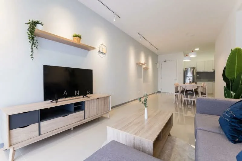 Living features: grey fabric sofa, wooden coffee table, TV console in light wood, black flat-screen TV, shelf with decorative plants, light grey painted walls, glossy tile flooring, recessed ceiling lights, pendant lights above dining area, open layout to dining area; style: modern. Dining features: 6-seater dining table in light wood, upholstered dining chairs, open layout to living area; style: modern.