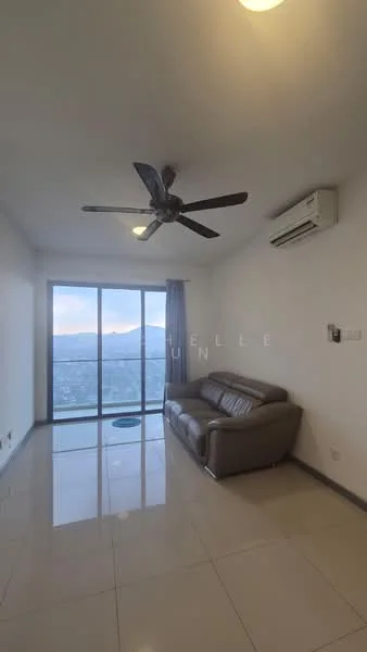 Living features: 5-blade ceiling fan with light, wall-mounted split AC, floor-to-ceiling windows, grey leather sofa, glossy tile flooring, curtains, mountain view, light fixture on ceiling; style: modern; view: mountain.
