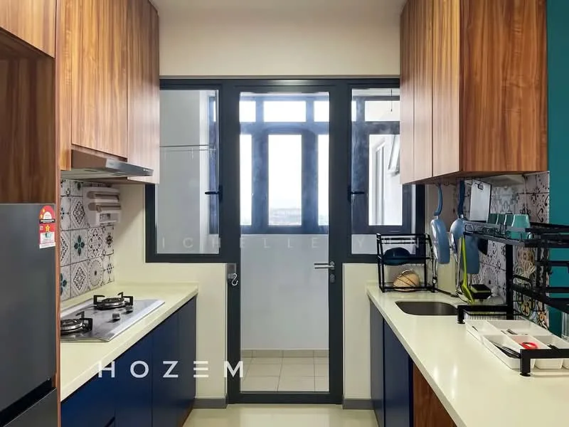 Kitchen features: wood cabinetry, white countertop, gas stove with two burners, stainless-steel sink, chrome pull-down faucet, back wall with decorative tiles, open shelving, window with city view, floor tiles, kitchen appliances, kitchen utensils rack; style: modern; view: city.