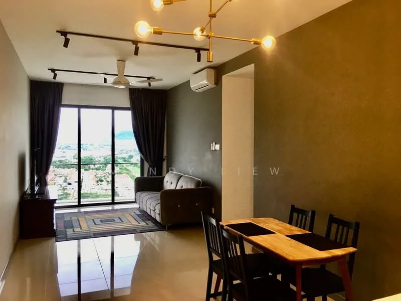 Living features: 3-seater fabric sofa in grey, wooden dining table, 4 dining chairs, area rug with geometric pattern, floor-to-ceiling windows, curtains, ceiling fan, wall-mounted TV, recessed downlights, air conditioning unit, light fixture with multiple bulbs, cream painted walls, glossy tile flooring; style: modern; view: city.