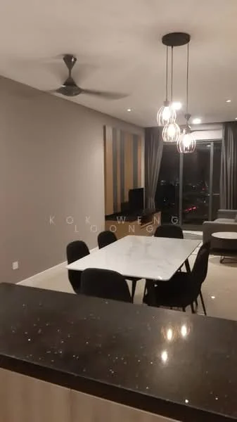 Dining features: marble dining table, black upholstered dining chairs, 5-blade ceiling fan, pendant lighting with glass globes, grey painted walls, floor-to-ceiling windows, curtains, open layout to living area, dark countertop, light-colored flooring, decorative wall paneling; style: modern; view: city.