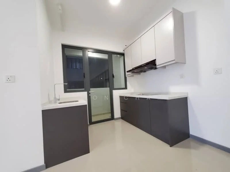 Kitchen features: white cabinets, dark grey lower cabinets, white countertop, single-bowl stainless-steel sink, chrome pull-down faucet, built-in range hood, wall-mounted cabinets, tile flooring, window with view to outdoor area, recessed ceiling lights; style: modern.