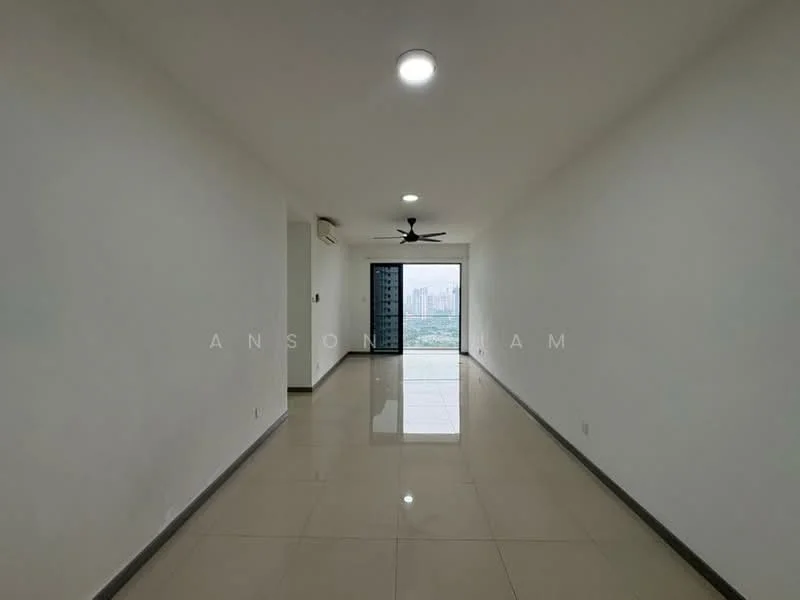 Living features: white painted walls, polished ceramic tile flooring, 5-blade ceiling fan with light, floor-to-ceiling windows, sliding glass door, city view, recessed downlights, air conditioning unit; style: modern; view: city.