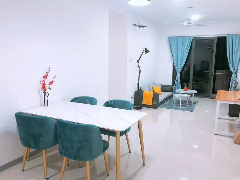 Living features: white painted walls, glossy tile flooring, 5-blade ceiling fan with light, floor-to-ceiling windows, sliding glass door, light blue curtains, grey fabric sofa, yellow throw blanket, coffee table, area rug, decorative floor lamp, dining table with marble top, 4 upholstered dining chairs in teal; style: modern.