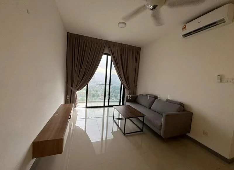 Living features: grey fabric sofa, coffee table with black metal frame, wall-mounted TV console, floor-to-ceiling windows, sheer curtains, recessed downlights, 1 wall-mounted split AC, glossy tile flooring, neutral painted walls, ceiling fan; style: modern; view: city.