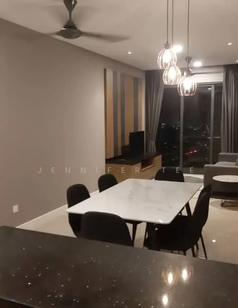 Dining features: marble dining table, black upholstered dining chairs, 5-blade ceiling fan with light, recessed downlights, grey painted walls, floor-to-ceiling windows, city view, TV console, sofa, decorative lighting fixtures; style: modern; view: city.