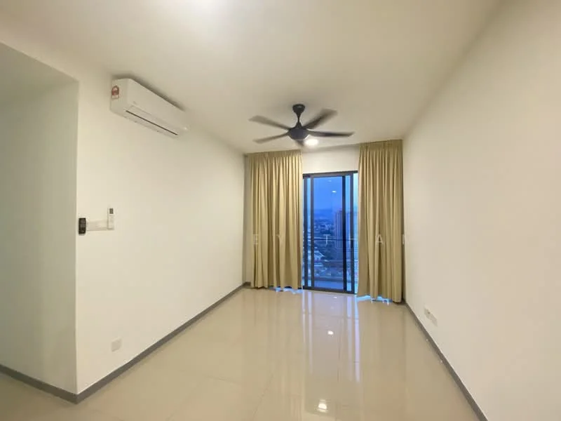 Living features: white painted walls, glossy ceramic tile flooring, 5-blade ceiling fan with light, floor-to-ceiling sliding glass door, sheer curtains, wall-mounted split AC, neutral color scheme, city view from window; style: modern; view: city.