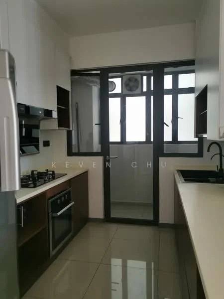 Kitchen features: white cabinetry, black countertop, stainless-steel sink, chrome pull-down faucet, built-in oven, 4-burner gas hob, stainless-steel range hood, ceramic tile flooring, wall-mounted split AC, floor-to-ceiling windows, sliding glass door to balcony, light-colored walls; style: modern.