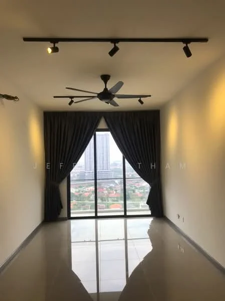 Living features: 5-blade ceiling fan, recessed downlights, floor-to-ceiling windows, blackout curtains, white painted walls, polished tile flooring, city view; style: modern; view: city.