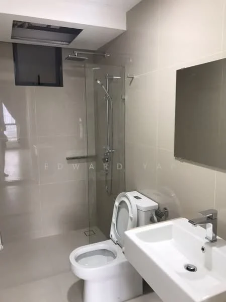Bathroom features: walk-in shower with glass enclosure, chrome handheld shower, chrome wall-mounted faucet, single-sink vanity with white cabinet, framed mirror, one-piece toilet, tile cladding on walls, light grey floor tiles, ceiling-mounted ventilation fan; style: modern.