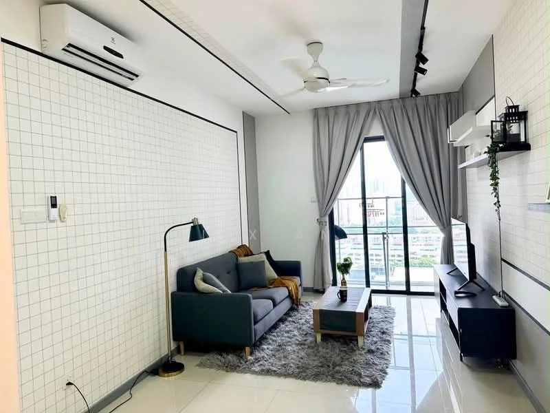 Living features: grey fabric sofa, yellow throw blanket, area rug with geometric pattern, wall-mounted TV, TV console, floor lamp, 5-blade ceiling fan with light, floor-to-ceiling windows, curtains, air conditioning unit, white tiled flooring, grid-patterned accent wall; style: modern; view: city.