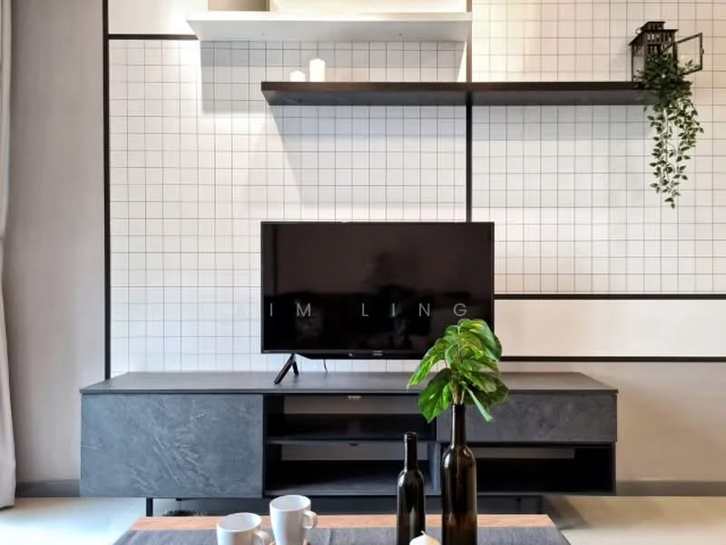 Living features: black television, black TV console with storage, white grid-patterned wall, floating white shelf, black shelf, decorative plant on shelf, two decorative bottles on table, coffee table, minimalist decor; style: modern.