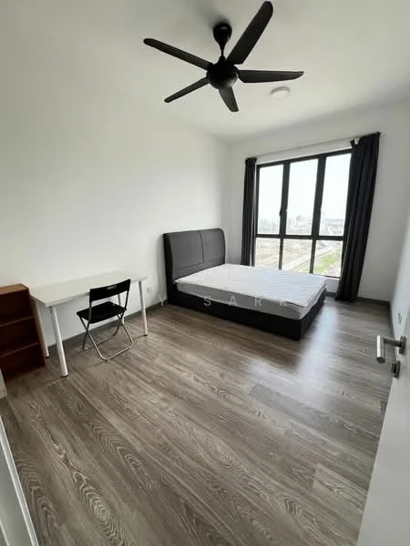 Bedroom features: queen-size bed, upholstered headboard, wooden flooring, 5-blade ceiling fan, floor-to-ceiling windows, blackout curtains, study desk, black chair, wooden bookshelf, white painted walls; style: modern; view: city.