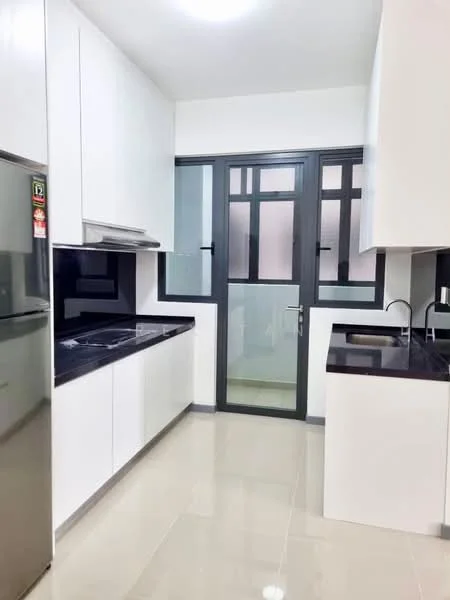 Kitchen features: white cabinetry, black granite countertop, stainless-steel fridge, built-in oven, 4-burner gas hob, stainless-steel range hood, double-bowl stainless-steel sink, chrome pull-down faucet, tile flooring, glass door, window with grid pattern, recessed ceiling lights; style: modern.