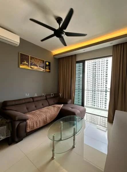 Living features: 3-seater fabric sofa in brown, glass coffee table, floor-to-ceiling windows, curtains in beige, wall-mounted air conditioning unit, 5-blade ceiling fan with integrated LED light, grey painted walls, tile flooring with glossy finish, decorative artwork on walls, ambient lighting along ceiling; style: modern; view: city.