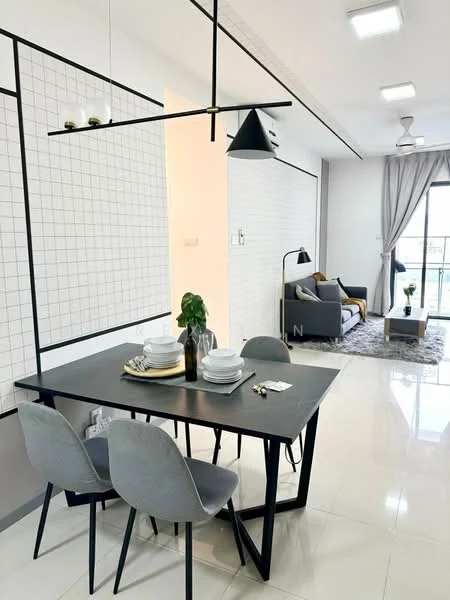 Dining features: black dining table, 4 grey upholstered dining chairs, pendant light fixture, white walls with grid pattern, white tiled flooring, decorative plant on table, table setting with plates and cutlery; style: modern. Living features: grey fabric sofa, area rug with geometric pattern, floor lamp, curtains, wall-mounted TV, coffee table; style: modern.