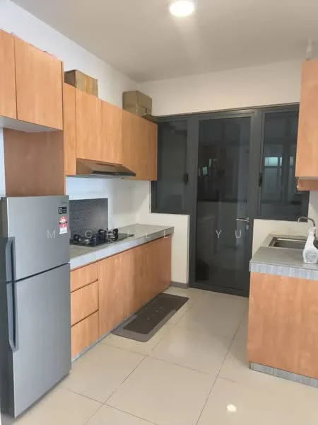 Kitchen features: light wood cabinetry, grey countertop, stainless-steel fridge, 4-burner gas hob, built-in oven, single-bowl stainless-steel sink, chrome pull-down faucet, ceramic tile flooring, white painted walls, floor-to-ceiling windows, sliding glass door, overhead lighting; style: modern.