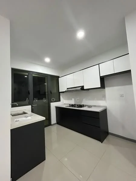 Kitchen features: white upper cabinets, black lower cabinets, stainless-steel gas hob, built-in range hood, white countertop, grey tile backsplash, double-bowl stainless-steel sink, floor-to-ceiling windows, recessed LED downlights, ceramic tile flooring; style: modern.