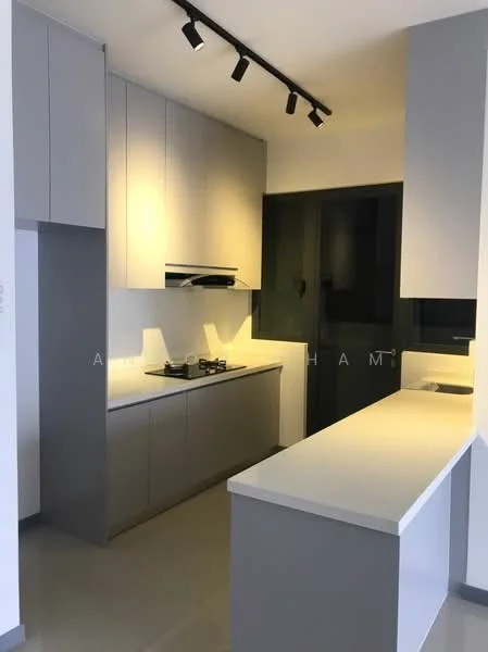Kitchen features: grey flat-panel cabinets, white quartz countertop, stainless-steel gas hob, stainless-steel range hood, undermount sink, track lighting, open layout, floor-to-ceiling windows, light grey wall tiles, light grey flooring; style: modern.