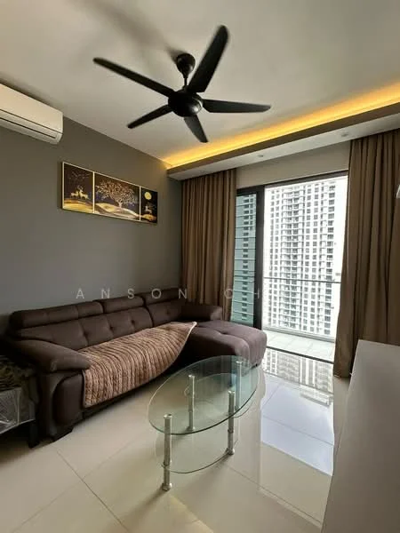 Living features: 3-seater fabric sofa in brown, glass coffee table, floor-to-ceiling windows, grey painted walls, recessed LED downlights, 5-blade ceiling fan, curtains, air conditioning unit; style: modern; view: city.