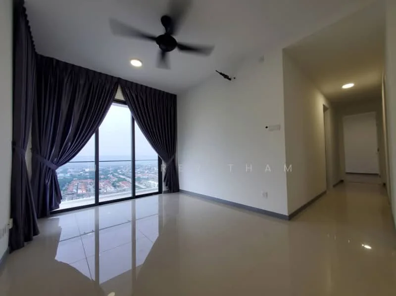 Living features: floor-to-ceiling windows, grey curtains, white painted walls, polished tile flooring, ceiling fan, recessed downlights, city view, open layout; style: modern; view: city. Room features: white painted walls, polished tile flooring, recessed downlights.