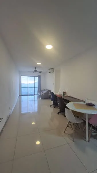 Living features: large floor-to-ceiling windows, sliding glass door, white painted walls, polished ceramic tile flooring, 5-blade ceiling fan with light, recessed LED downlights, dining table with chairs, sofa, decorative wall art, open layout, natural light, view of the city; style: modern; view: city.