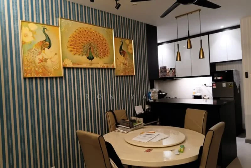 Dining features: round dining table, upholstered dining chairs, decorative wall art with peacock motifs, striped wallpaper in blue and white, pendant lighting above table, black cabinetry, stainless-steel fridge, kitchen counter with bar stools, ceiling fan with light; style: modern.