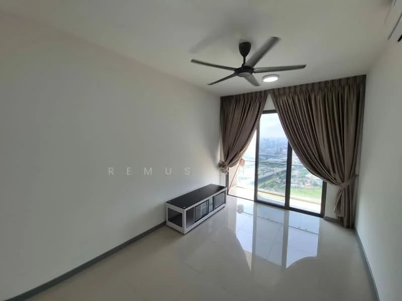 Room features: cream painted walls, glossy tile flooring, 5-blade ceiling fan with light, floor-to-ceiling windows, sheer curtains, curtains in beige, TV console, city view; style: modern; view: city.