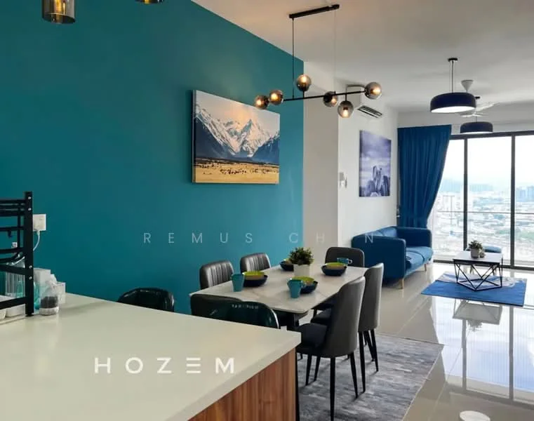 Living features: blue accent wall, white painted walls, large floor-to-ceiling windows, grey sofa, coffee table with geometric design, area rug with geometric pattern, pendant lighting with multiple bulbs, framed mountain landscape artwork, curtains in blue fabric, dining table with 6 chairs, ceramic bowls on dining table, open kitchen with white countertop, stainless-steel appliances; style: modern; view: city.