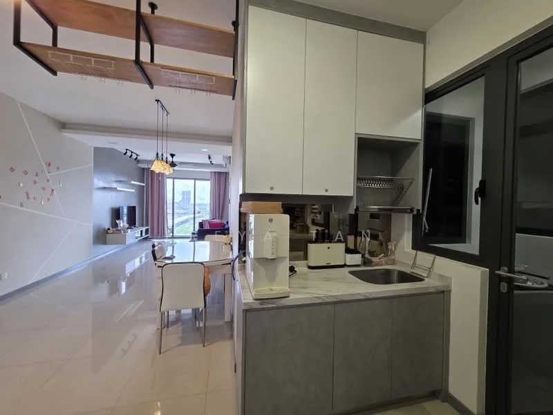 Kitchen features: grey cabinetry, white countertop, single-bowl stainless-steel sink, chrome pull-down faucet, built-in oven, microwave, toaster, dishwasher, recessed downlights, tile flooring, open shelving, kitchen island, breakfast bar; style: modern; view: city. Dining features: 6-seater dining table, upholstered dining chairs, pendant lighting, area rug; style: modern; view: city. Living features: wall-mounted TV, entertainment unit, sofa, coffee table, large windows, curtains; style: modern; view: city.