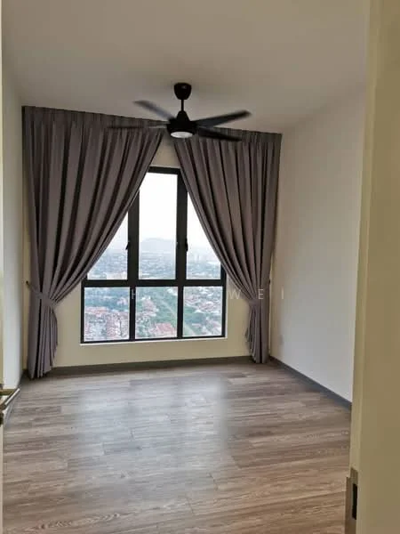 Bedroom features: wooden flooring, floor-to-ceiling windows, blackout curtains, 5-blade ceiling fan, neutral painted walls, city view; style: modern; view: city.