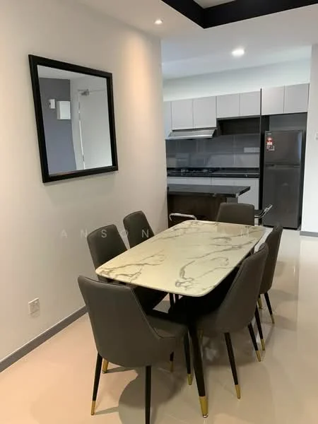 Dining features: marble dining table, 6 upholstered dining chairs with gold legs, mirror on wall, white painted walls, recessed lighting, tile flooring, open kitchen view, kitchen cabinetry visible, stainless-steel fridge visible; style: modern; view: kitchen.