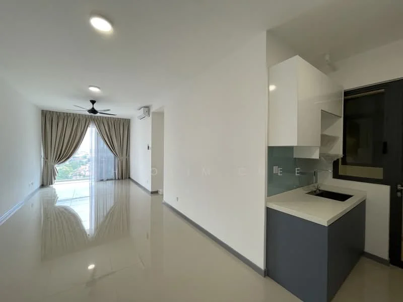 Living features: white painted walls, glossy tile flooring, 5-blade ceiling fan with light, floor-to-ceiling windows, sheer curtains, sliding glass door, kitchenette with white cabinetry, single-bowl stainless-steel sink, grey countertop, recessed downlights; style: modern; view: city.