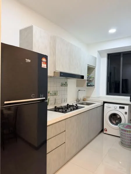 Kitchen features: black fridge, built-in gas hob, stainless-steel range hood, grey cabinetry, white tiled backsplash, white countertop, built-in oven, washing machine, single-bowl stainless-steel sink, window with black frame, light-colored floor tiles, open shelving; style: modern.