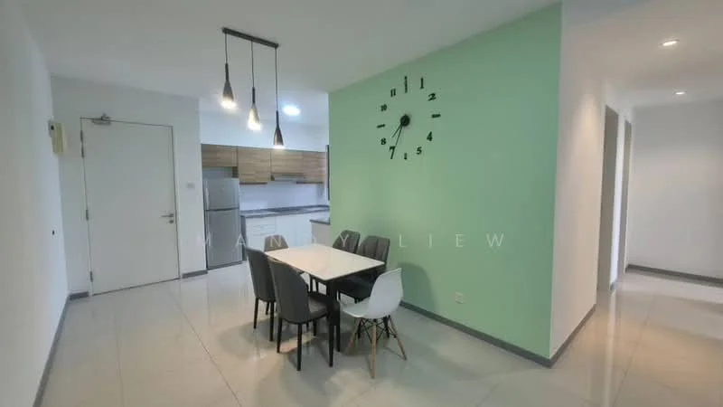 Dining features: dining table with white top, 4 upholstered dining chairs, green accent wall, white painted walls, tile flooring, pendant lighting, large wall clock, open layout to kitchen, floor-to-ceiling windows, recessed ceiling lights; style: modern. Kitchen features: wooden cabinetry, stainless-steel fridge, built-in oven, ceramic cooktop, grey countertops, tile backsplash, open shelving, under-cabinet lighting; style: modern.