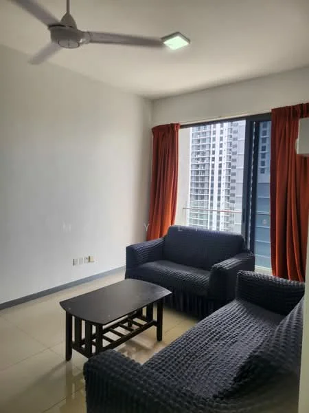 Living features: 2-seater fabric sofa in navy blue, 3-seater fabric sofa in navy blue, wooden coffee table, floor-to-ceiling windows, orange curtains, ceiling fan with light, neutral wall color, tile flooring; style: modern; view: city.