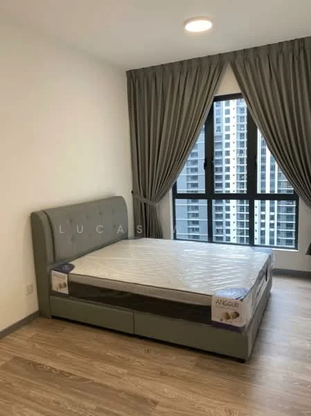 Bedroom features: queen-size bed, upholstered headboard, floor-to-ceiling windows, grey curtains, wooden flooring, recessed ceiling light; style: modern; view: city.