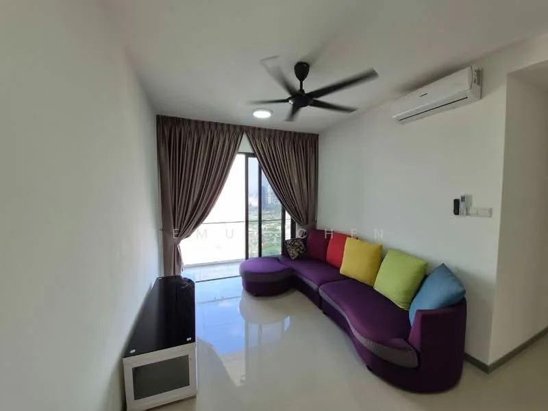 Living features: 5-blade ceiling fan with light, wall-mounted split AC, floor-to-ceiling windows, curtains in beige, purple sectional sofa with colorful cushions, white tiled flooring, TV console, decorative wall with no visible artwork, natural light from window; style: modern; view: city.
