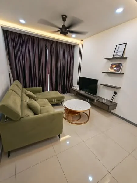 Living features: 3-seater fabric sofa in green, coffee table with round top and gold base, wall-mounted TV, floating shelves, floor-to-ceiling windows with sheer curtains, recessed downlights, ceiling fan, glossy tile flooring, neutral wall color; style: modern.