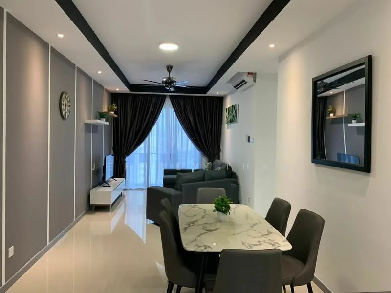Living features: grey accent wall, white painted walls, marble dining table, 4 upholstered dining chairs, 3-seater fabric sofa in green, wall-mounted TV, TV console, ceiling fan with light, recessed downlights, floor-to-ceiling windows with sheer curtains, decorative mirror, area rug; style: modern; view: city.