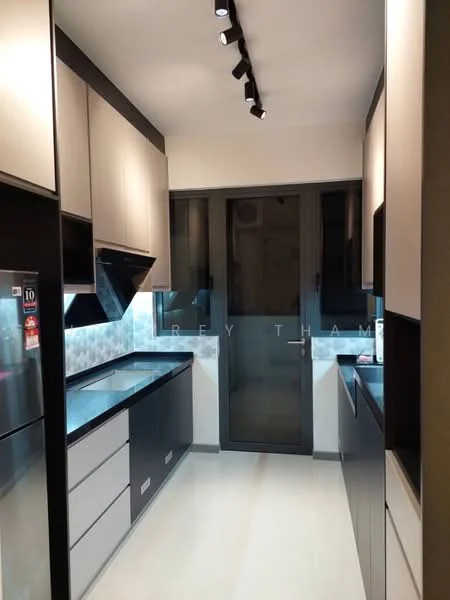 Kitchen features: black and grey cabinetry, stainless-steel fridge, built-in oven, 4-burner gas hob, black countertop, white backsplash with geometric pattern, under-cabinet LED lighting, track lighting, floor-to-ceiling windows, sliding glass door, white tile flooring; style: modern.