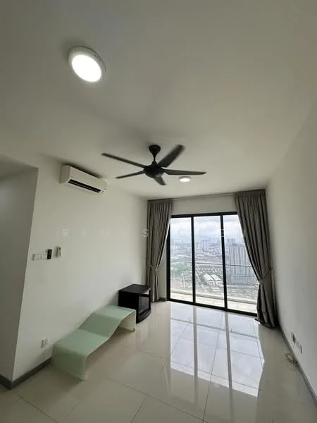 Living features: floor-to-ceiling windows, sliding glass door, grey curtains, 5-blade ceiling fan with light, wall-mounted split AC, white painted walls, glossy ceramic tile flooring, small black cabinet, green accent bench, city view; style: modern; view: city.