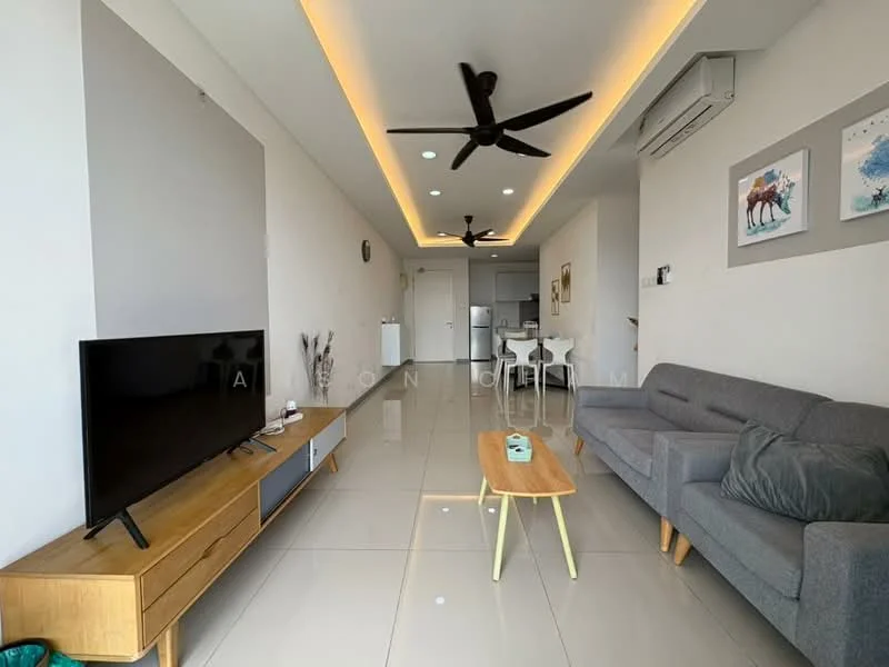 Living features: grey fabric sofa, wooden coffee table, TV console in light wood, wall-mounted TV, 5-blade ceiling fan with light, recessed LED downlights, white painted walls, glossy tile flooring, air conditioning unit, decorative wall art; style: modern.