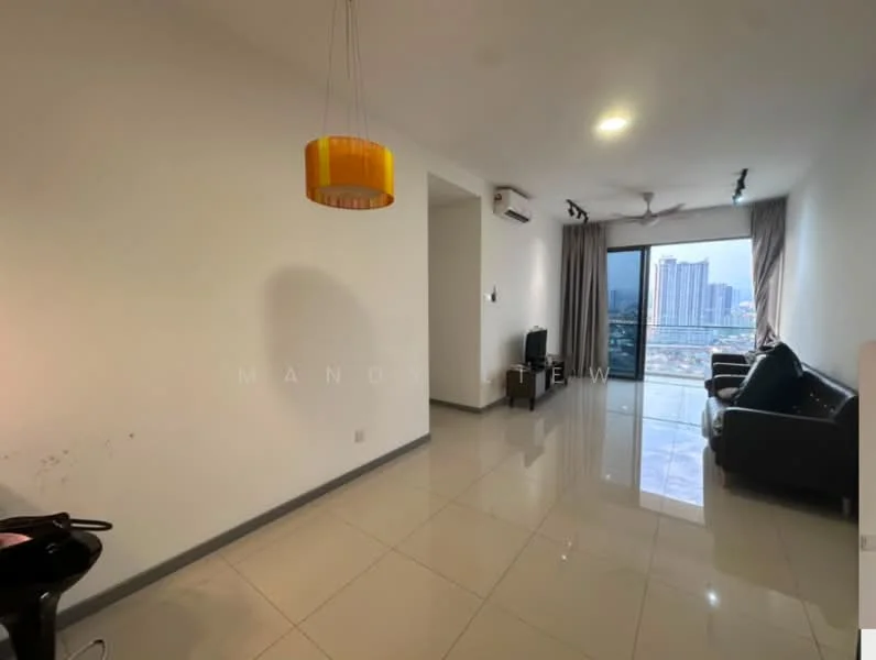 Living features: white painted walls, glossy ceramic tile flooring, 5-blade ceiling fan with light, floor-to-ceiling windows, sliding glass door, curtains, black leather sofa, TV console, wall-mounted TV, coffee table, decorative pendant light; style: modern; view: city.
