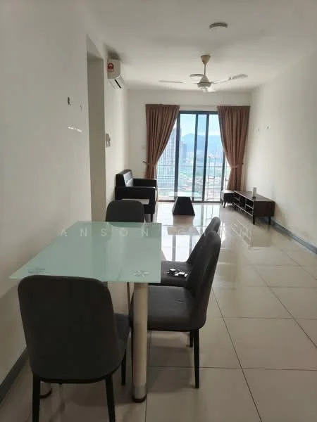 Living features: white painted walls, glossy tile flooring, 5-blade ceiling fan, floor-to-ceiling windows, curtains, dining table with glass top, 4 grey upholstered dining chairs, black TV console, sofa, mountain view; style: modern; view: mountain.
