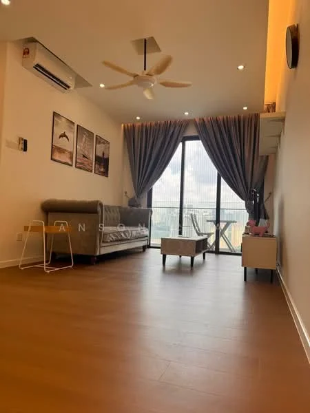 Living features: 3-seater fabric sofa in grey, coffee table, floor-to-ceiling windows, sheer curtains, 5-blade ceiling fan with light, wall-mounted TV, decorative wall art, wooden flooring, recessed downlights; style: modern; view: city.